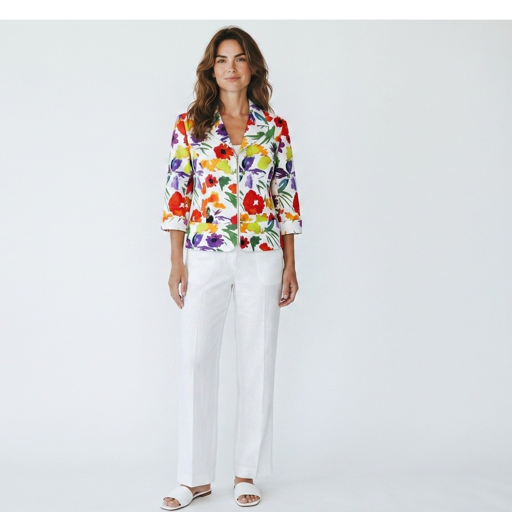 Drapers & Damons Floral Blazer Womens XL White Multi Color 3/4 Sleeve Jacquard